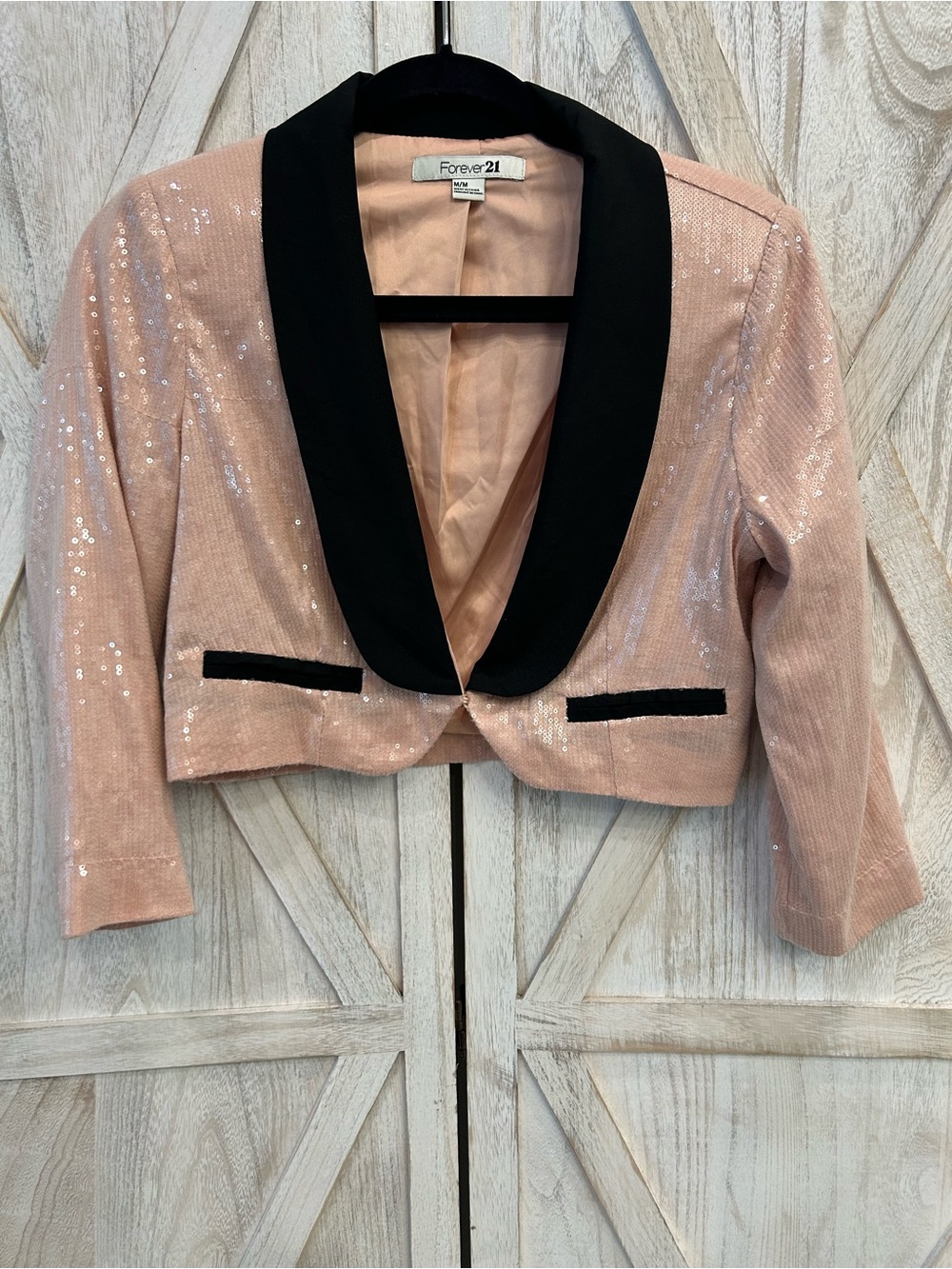Forever 21 Blush Sequin Cropped Blazer with Black Trim
